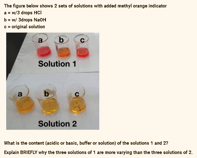 The figure below shows 2 sets of solutions with added methyl orange indicator
a = w/3 drops HcI
b = w/ 3drops NaOH
C = original solution
a
C.
Solution 1
a
b
C
Solution 2
What is the content (acidic or basic, buffer or solution) of the solutions 1 and 2?
Explain BRIEFLY why the three solutions of 1 are more varying than the three solutions of 2.
