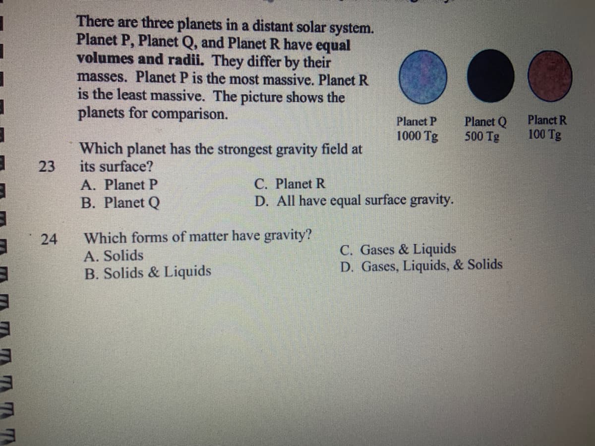 3
3
3
23
24
There are three planets in a distant solar system.
Planet P, Planet Q, and Planet R have equal
volumes and radii. They differ by their
masses. Planet P is the most massive. Planet R
is the least massive. The picture shows the
planets for comparison.
Planet P
1000 Tg
Which planet has the strongest gravity field at
its surface?
A. Planet P
C. Planet R
B. Planet Q
D. All have equal surface gravity.
Which forms of matter have gravity?
A. Solids
C. Gases & Liquids
B. Solids & Liquids
D. Gases, Liquids, & Solids
Planet Q
500 Tg
Planet R
100 Tg