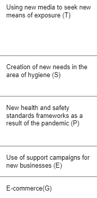 Using new media to seek new
means of exposure (T)
Creation of new needs in the
area of hygiene (S)
New health and safety
standards frameworks as a
result of the pandemic (P)
Use of support campaigns for
new businesses (E)
E-commerce(G)
