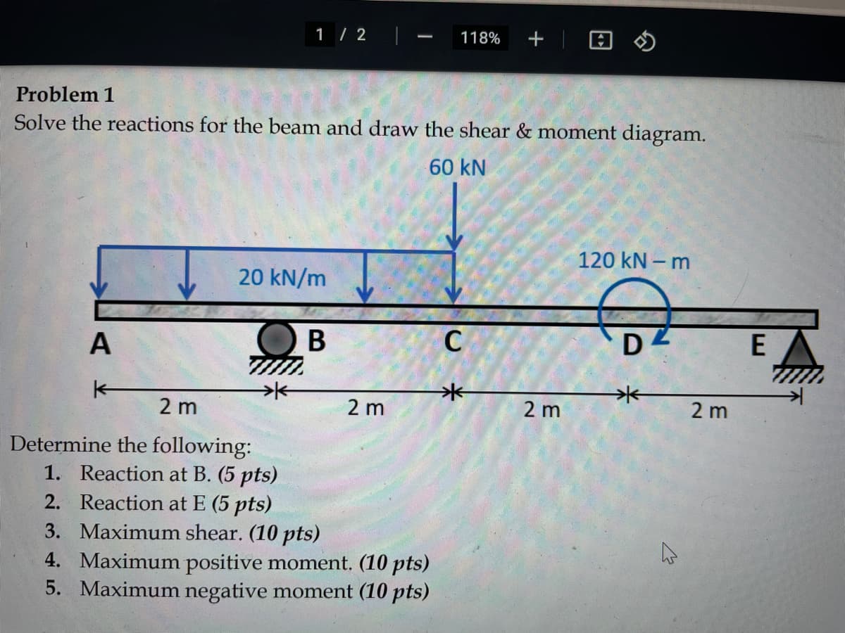 1 / 2
118%
Problem 1
Solve the reactions for the beam and draw the shear & moment diagram.
60 kN
120 kN – m
20 kN/m
A
В
C
D
E
2 m
2 m
2 m
2 m
Determine the following:
1. Reaction at B. (5 pts)
2. Reaction at E (5 pts)
3. Maximum shear. (10 pts)
4. Maximum positive moment. (10 pts)
5. Maximum negative moment (10 pts)
