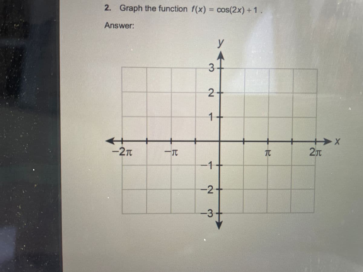 2. Graph the function f(x) = cos(2x) + 1
Answer:
y
3.
2+
1+
TC
2T
-2n
-TO
-1+
-2+
31

