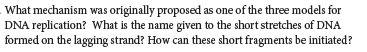 What mechanism was originally proposed as one of the three models for
DNA replication? What is the name given to the short stretches of DNA
formed on the lagging strand? How can these short fragments be initiated?
