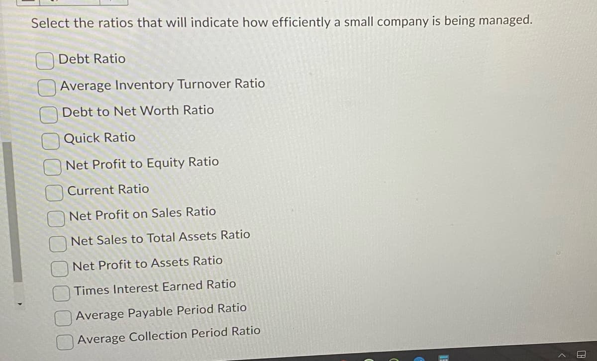 Select the ratios that will indicate how efficiently a small company is being managed.
Debt Ratio
Average Inventory Turnover Ratio
Debt to Net Worth Ratio
Quick Ratio
Net Profit to Equity Ratio
Current Ratio
Net Profit on Sales Ratio
Net Sales to Total Assets Ratio
Net Profit to Assets Ratio
Times Interest Earned Ratio
Average Payable Period Ratio
Average Collection Period Ratio