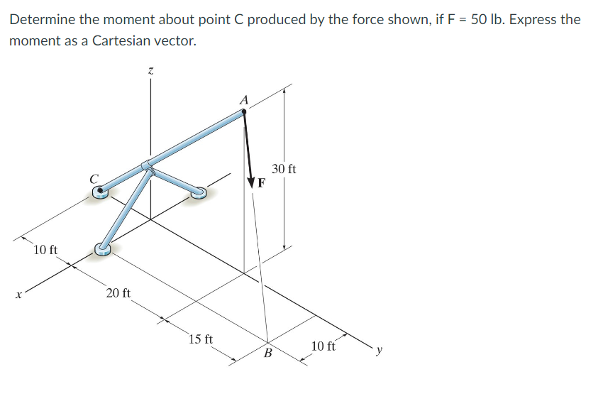 Determine the moment about point C produced by the force shown, if F = 50 lb. Express the
moment as a Cartesian vector.
X
10 ft
20 ft
Z
15 ft
A
30 ft
F
B
10 ft
