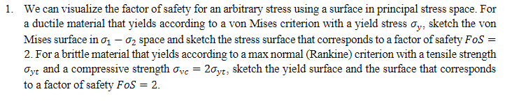 1. We can visualize the factor of safety for an arbitrary stress using a surface in principal stress space. For
a ductile material that yields according to a von Mises criterion with a yield stress σy, sketch the von
Mises surface in σ₁ - 02 space and sketch the stress surface that corresponds to a factor of safety FoS =
2. For a brittle material that yields according to a max normal (Rankine) criterion with a tensile strength
Gyt and a compressive strength σvc = 20yt, sketch the yield surface and the surface that corresponds
to a factor of safety FoS = 2.
