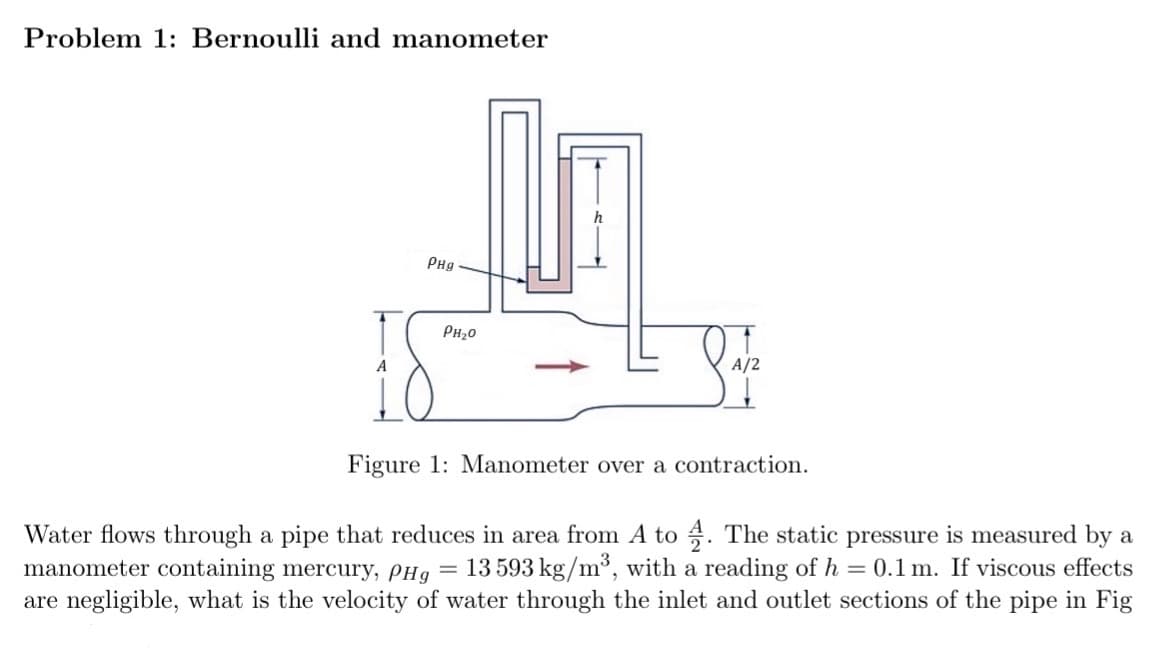 Problem 1: Bernoulli and manometer
PHg
PH₂O
A
A/2
Figure 1: Manometer over a contraction.
Water flows through a pipe that reduces in area from A to 4. The static pressure is measured by a
manometer containing mercury, PHg = 13593 kg/m³, with a reading of h = 0.1 m. If viscous effects
are negligible, what is the velocity of water through the inlet and outlet sections of the pipe in Fig