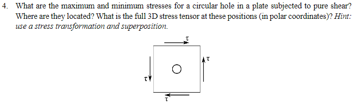 4. What are the maximum and minimum stresses for a circular hole in a plate subjected to pure shear?
Where are they located? What is the full 3D stress tensor at these positions (in polar coordinates)? Hint:
use a stress transformation and superposition.
TV
о
T