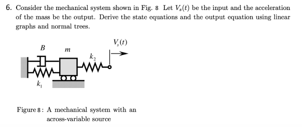 6. Consider the mechanical system shown in Fig. 8. Let V(t) be the input and the acceleration
of the mass be the output. Derive the state equations and the output equation using linear
graphs and normal trees.
B
m
V₁(t)
Figure 8: A mechanical system with an
across-variable source