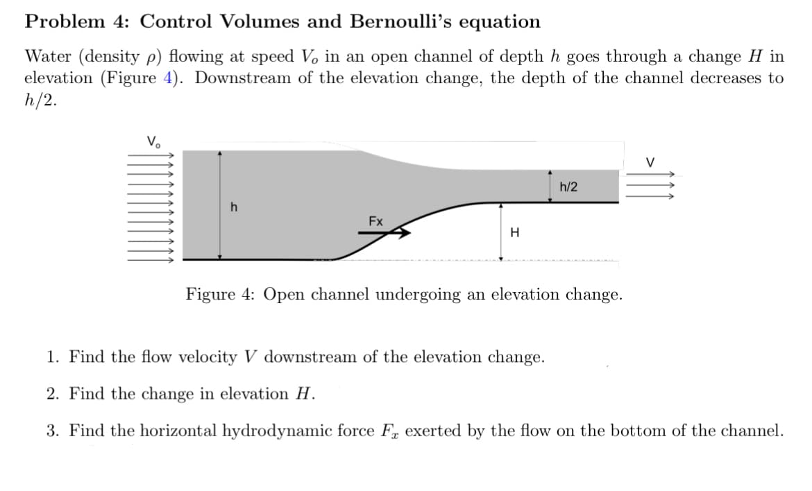 Problem 4: Control Volumes and Bernoulli's equation
Water (density p) flowing at speed V in an open channel of depth h goes through a change H in
elevation (Figure 4). Downstream of the elevation change, the depth of the channel decreases to
h/2.
Vo
Fx
H
V
h/2
Figure 4: Open channel undergoing an elevation change.
1. Find the flow velocity V downstream of the elevation change.
2. Find the change in elevation H.
3. Find the horizontal hydrodynamic force Fx exerted by the flow on the bottom of the channel.
