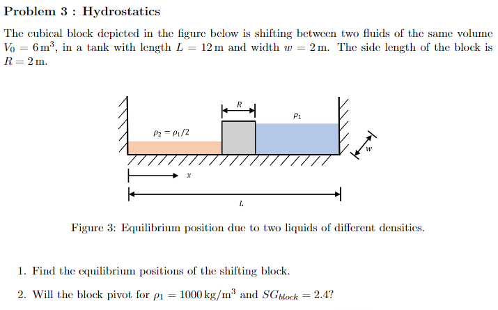Problem 3: Hydrostatics
The cubical block depicted in the figure below is shifting between two fluids of the same volume
Vo = 6m³, in a tank with length L = 12m and width w = 2m. The side length of the block is
R = 2 m.
PzP1/2
R
P1
L
+
Figure 3: Equilibrium position due to two liquids of different densities.
1. Find the equilibrium positions of the shifting block.
2. Will the block pivot for p₁ = 1000 kg/m³ and SG block = 2.4?