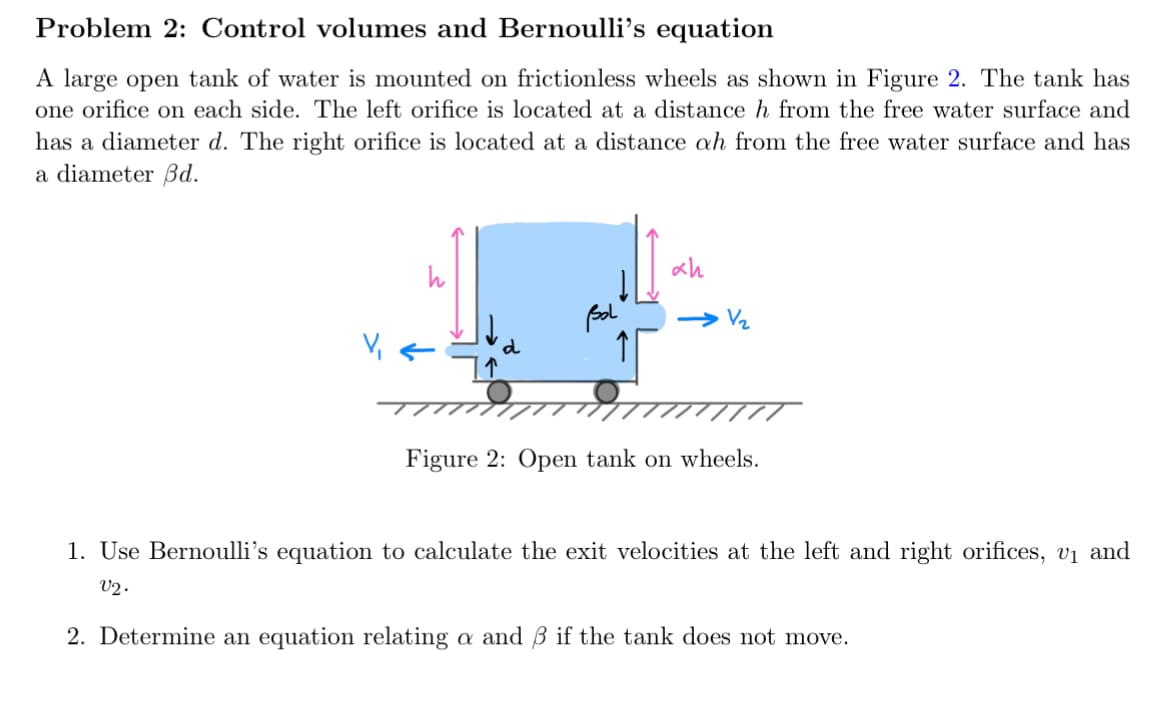 Problem 2: Control volumes and Bernoulli's equation
A large open tank of water is mounted on frictionless wheels as shown in Figure 2. The tank has
one orifice on each side. The left orifice is located at a distance h from the free water surface and
has a diameter d. The right orifice is located at a distance ah from the free water surface and has
a diameter ẞd.
αh
h
Bol
V₂
Figure 2: Open tank on wheels.
1. Use Bernoulli's equation to calculate the exit velocities at the left and right orifices, v₁ and
V2.
2. Determine an equation relating a and ẞ if the tank does not move.