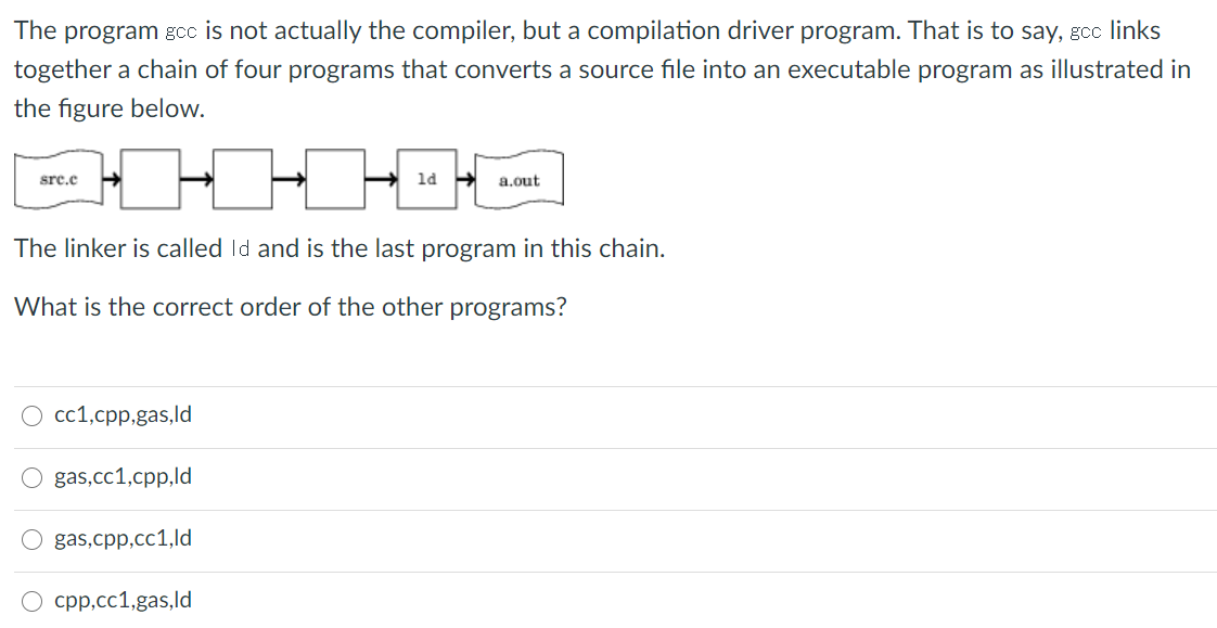 The program goc is not actually the compiler, but a compilation driver program. That is to say, gcc links
together a chain of four programs that converts a source file into an executable program as illustrated in
the figure below.
sre.e
ld
a.out
The linker is called Id and is the last program in this chain.
What is the correct order of the other programs?
cc1,cpp,gas,ld
gas,cc1,cpp,ld
gas,cpp,cc1,ld
O cpp,cc1,gas,ld
