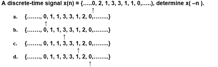 A discrete-time
a.
b.
C.
d.
signal x(n) = {.....0, 2, 1, 3, 3, 1, 1, 0,.....), determine x( -n).
↑
{......., 0, 1, 1, 3, 3, 1, 2, 0,........}
↑
{......., 0, 1, 1, 3, 3, 1, 2, 0,.……………..}
个
{......., 0, 1, 1, 3, 3, 1, 2, 0,........}
↑
{..., 0, 1, 1, 3, 3, 1, 2, 0,...}
↑