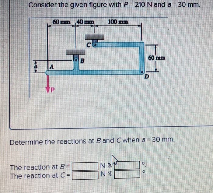 Consider the given figure with P=210 N and a = 30 mm.
60 mm 40 mm
A
VP
B
The reaction at B=
The reaction at C=
C
100 mm
60 mm
Determine the reactions at B and C when a = 30 mm.
NAN
NE
D