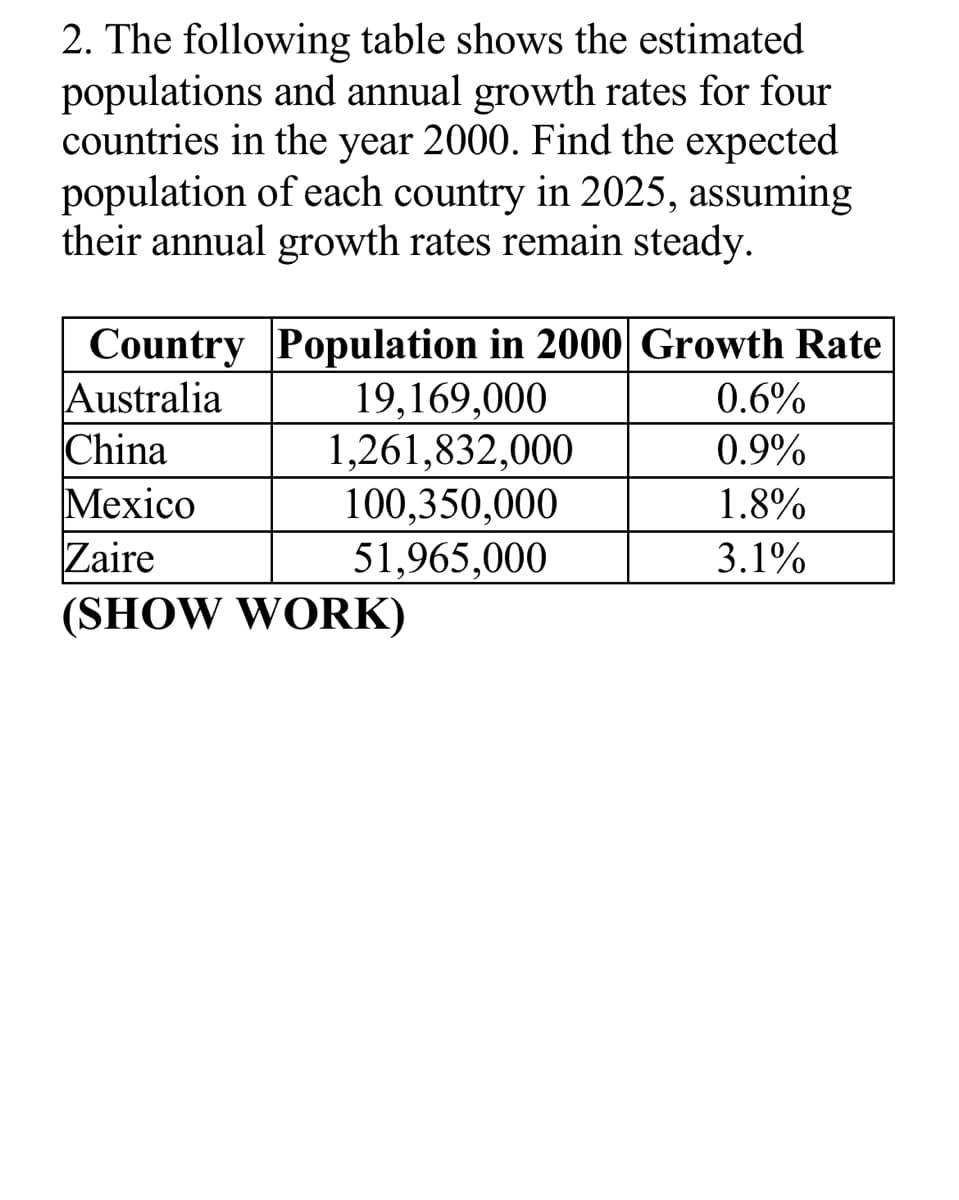 2. The following table shows the estimated
populations and annual growth rates for four
countries in the year 2000. Find the expected
population of each country in 2025, assuming
their annual growth rates remain steady.
Country Population in 2000 Growth Rate
Australia
China
Мexico
Zaire
(SHOW WORK)
19,169,000
1,261,832,000
100,350,000
0.6%
0.9%
1.8%
51,965,000
3.1%

