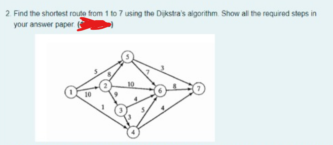 2. Find the shortest route from 1 to 7 using the Dijkstra's algorithm. Show all the required steps in
your answer paper (
10
10
