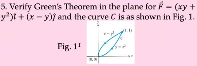 5. Verify Green's Theorem in the plane for F = (xy +
y²)î + (x – y)j and the curve C is as shown in Fig. 1.
%3D
(1, 1)
x= y?
Fig. 1T
y = x?
(0, 0)
