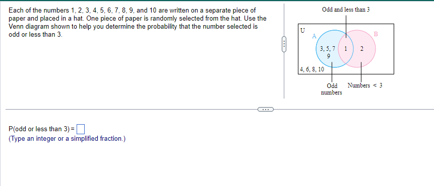 Each of the numbers 1, 2, 3, 4, 5, 6, 7, 8, 9, and 10 are written on a separate piece of
paper and placed in a hat. One piece of paper is randomly selected from the hat. Use the
Venn diagram shown to help you determine the probability that the number selected is
odd or less than 3.
P(odd or less than 3) =
(Type an integer or a simplified fraction.)
G
A
Odd and less than 3
3,5,7
9
4, 6, 8, 10
Odd
numbers
B
Numbers 3