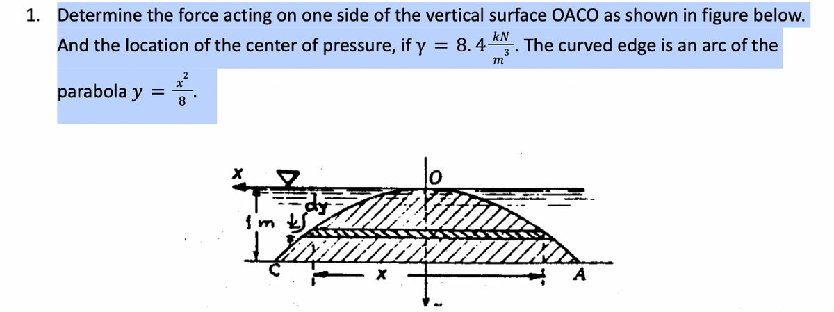 1. Determine the force acting on one side of the vertical surface OACO as shown in figure below.
And the location of the center of pressure, if y = 8.4ª.
kN
The curved edge is an arc of the
m
parabola y
8
