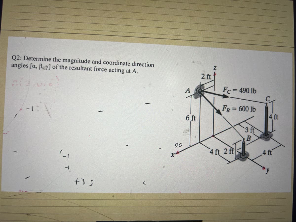 Q2: Determine the magnitude and coordinate direction
angles [a, B. y] of the resultant force acting at A.
-1
ㅓ
+1;
1
00
A
6 ft
2 ft
Z
Fc = 490 lb
FB = 600 lb
4 ft 2 ft
3 ft
B
4 ft
4 ft