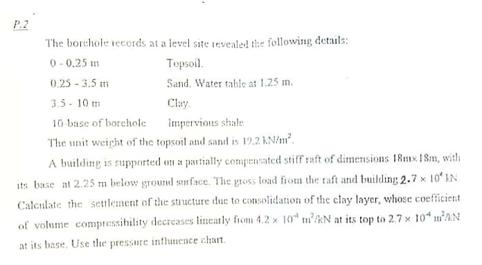 P.2
The borehole tecords at a level site tevealed the following details:
0 - 0.25 m
Topsoil.
0.25 - 3.5 m
Sand. Water table at 1.25 m.
3.5 - 10 m
Clay.
10-base of borehole
Impervious shale
The unit weight of the topsoil and sand is 19.2 kN/m".
A building is supported on a partially compensated stiff raft of dimensions 18mx ISm, with
its base at 2.25 m below ground surface. The gr055 load from the taft and building 2.7 x 10° kN
Calculate the settlement of the structure due to consolidation of the clay layer, whose coefficient
of volume compressibility decreases lincarly from 4.2 x 10 m/kN at its top to 2.7 x 10* m'AN
at its base. Use the pressure influnence chart.
