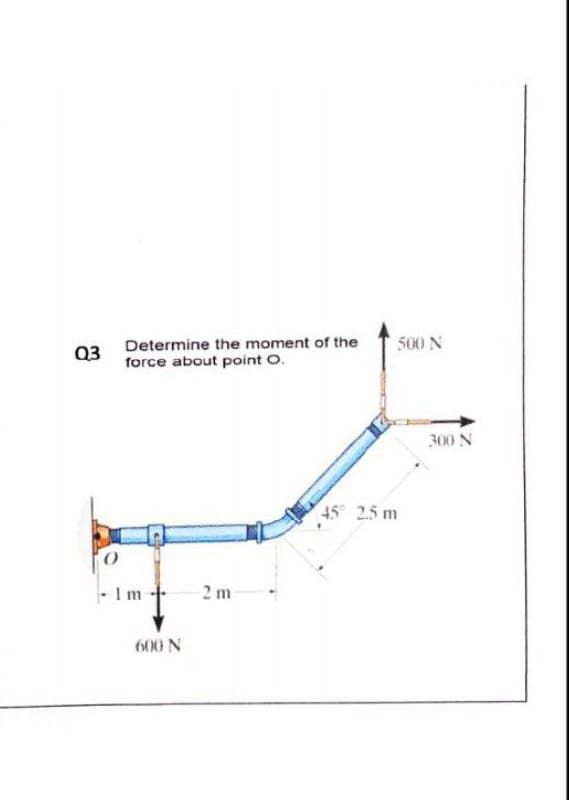 Determine the moment of the
500 N
Q3
force about point O.
300 N
45° 2.5 m
Im
2 m
600 N
