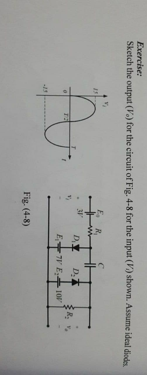 Exercise:
Sketch the output (Vo) for the circuit of Fig. 4-8 for the input (V) shown. Assume ideal diodes
Eo R,
15
3V
DY DA
T/2
E+7V E,-
10V
-15
Fig. (4-8)
