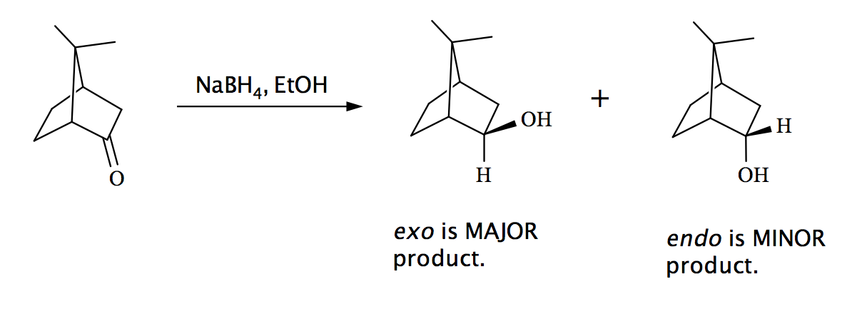 NABH4, ETOH
+
ОН
H
ОН
exo is MAJOR
product.
endo is MINOR
product.
