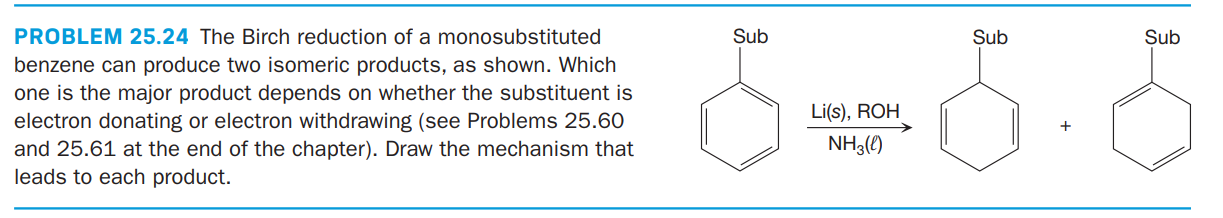 PROBLEM 25.24 The Birch reduction of a monosubstituted
Sub
Sub
Sub
benzene can produce two isomeric products, as shown. Which
one is the major product depends on whether the substituent is
electron donating or electron withdrawing (see Problems 25.60
and 25.61 at the end of the chapter). Draw the mechanism that
leads to each product.
Li(s), ROH
NH3(4)

