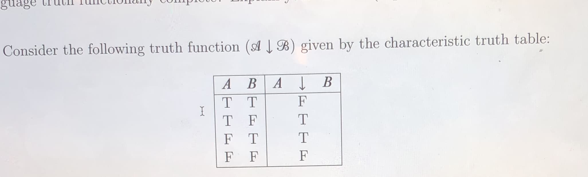 Consider the following truth function (A B) given by the characteristic truth table:
А ВА
тт
F
T F
F T
F F
F
