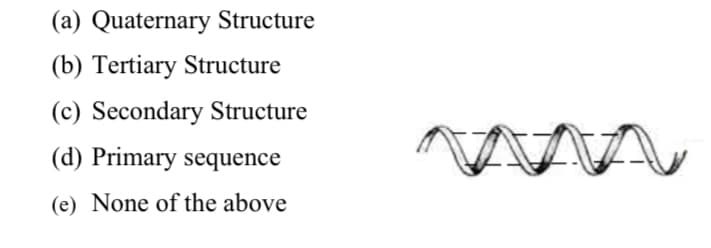 (a) Quaternary Structure
(b) Tertiary Structure
(c) Secondary Structure
(d) Primary sequence
(e) None of the above
