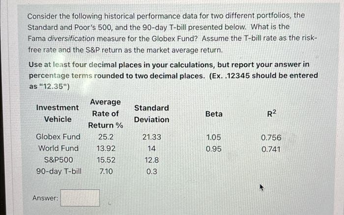 Consider the following historical performance data for two different portfolios, the
Standard and Poor's 500, and the 90-day T-bill presented below. What is the
Fama diversification measure for the Globex Fund? Assume the T-bill rate as the risk-
free rate and the S&P return as the market average return.
Use at least four decimal places in your calculations, but report your answer in
percentage terms rounded to two decimal places. (Ex..12345 should be entered
as "12.35")
Investment
Vehicle
Globex Fund
World Fund
S&P500
90-day T-bill
Answer:
Average
Rate of
Return%
25.2
13.92
15.52
7.10
Standard
Deviation
21.33
14
12.8
0.3
Beta
1.05
0.95
R²
0.756
0.741
