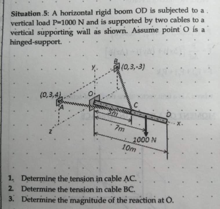 Situation 5: A horizontal rigid boom OD is subjected to a .
vertical load P=1000 N and is supported by two cables to a
vertical supporting wall as shown. Assume point O is a
hinged-support.
(0,3,4)
(0,3,-3)
7m
C
1000 N
10m
1. Determine the tension in cable AC.
2. Determine the tension in cable BC.
3. Determine the magnitude of the reaction at O.