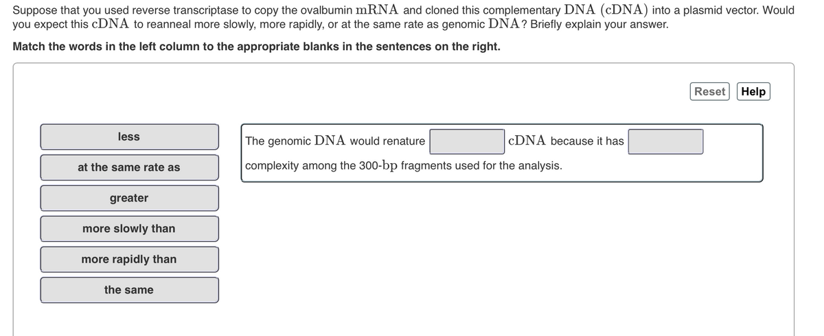 Suppose that you used reverse transcriptase to copy the ovalbumin mRNA and cloned this complementary DNA (CDNA) into a plasmid vector. Would
you expect this CDNA to reanneal more slowly, more rapidly, or at the same rate as genomic DNA? Briefly explain your answer.
Match the words in the left column to the appropriate blanks in the sentences on the right.
Reset
Help
less
The genomic DNA would renature
CDNA because it has
at the same rate as
complexity among the 300-bp fragments used for the analysis.
greater
more slowly than
more rapidly than
the same
