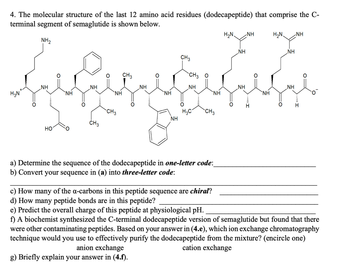 4. The molecular structure of the last 12 amino acid residues (dodecapeptide) that comprise the C-
terminal segment of semaglutide is shown below.
NH₂
H₂N
NH
HO
NH
NH
CH 3
NH
CH3
CH 3
NH
NH
ΝΗ
CH3
CH3 O
NH
H3C
NH
CH3
a) Determine the sequence of the dodecapeptide in one-letter code:
b) Convert your sequence in (a) into three-letter code:
H₂N. NH
NH
NH
NH
H₂N NH
NH
NH
Im
c) How many of the a-carbons in this peptide sequence are chiral?
d) How many peptide bonds are in this peptide?
e) Predict the overall charge of this peptide at physiological pH.
f) A biochemist synthesized the C-terminal dodecapeptide version of semaglutide but found that there
were other contaminating peptides. Based on your answer in (4.e), which ion exchange chromatography
technique would you use to effectively purify the dodecapeptide from the mixture? (encircle one)
anion exchange
cation exchange
g) Briefly explain your answer in (4.f).