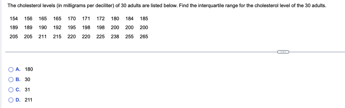 The cholesterol levels (in milligrams per deciliter) of 30 adults are listed below. Find the interquartile range for the cholesterol level of the 30 adults.
172 180
184
185
154 156 165 165 170 171
189 189 190 192 195 198 198 200
200
200
205 205 211 215 220 220 225 238 255 265
OA. 180
B.
30
O O O
C.
31
O D. 211