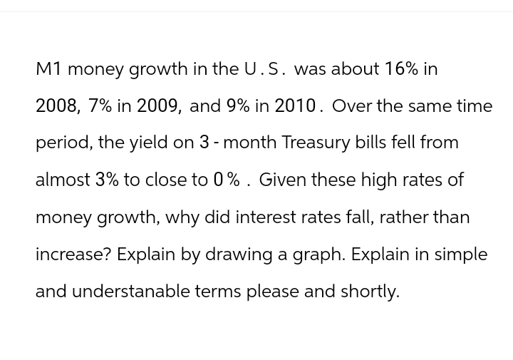 M1 money growth in the U.S. was about 16% in
2008, 7% in 2009, and 9% in 2010. Over the same time
period, the yield on 3-month Treasury bills fell from
almost 3% to close to 0% . Given these high rates of
money growth, why did interest rates fall, rather than
increase? Explain by drawing a graph. Explain in simple
and understanable terms please and shortly.