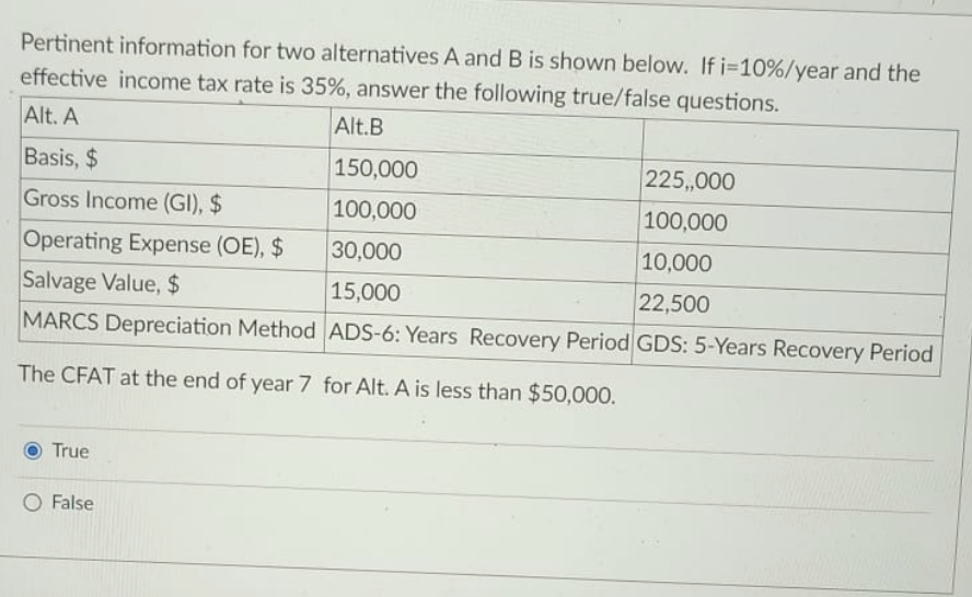 Pertinent information for two alternatives A and B is shown below. If i=10 % / year and the
effective income tax rate is 35%, answer the following true/false questions.
Alt. A
Alt.B
150,000
225,000
100,000
100,000
30,000
10,000
15,000
22,500
ADS-6: Years Recovery Period GDS: 5-Years Recovery Period
Basis, $
Gross Income (Gl), $
Operating Expense (OE), $
Salvage Value, $
MARCS Depreciation Method
The CFAT at the end of year 7 for Alt. A is less than $50,000.
True
O False