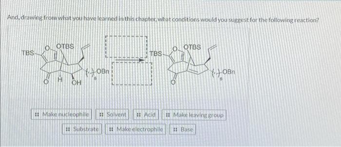 And, drawing from what you have learned in this chapter, what conditions would you suggest for the following reaction?
TBS
OTBS
H
OH
#Make nucleophile
OBn
#Substrate
:: Solvent
TBS-
OOTBS
OBn
Acid :: Make leaving group
Make electrophile ::Base