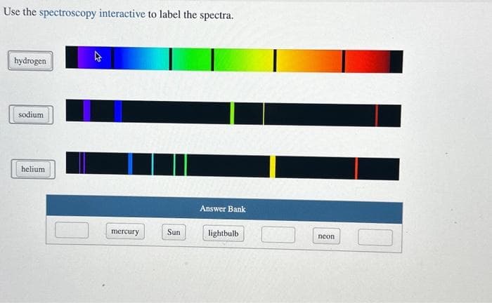 Use the spectroscopy interactive to label the spectra.
hydrogen
sodium
helium
4
mercury
Sun
Answer Bank
lightbulb
neon