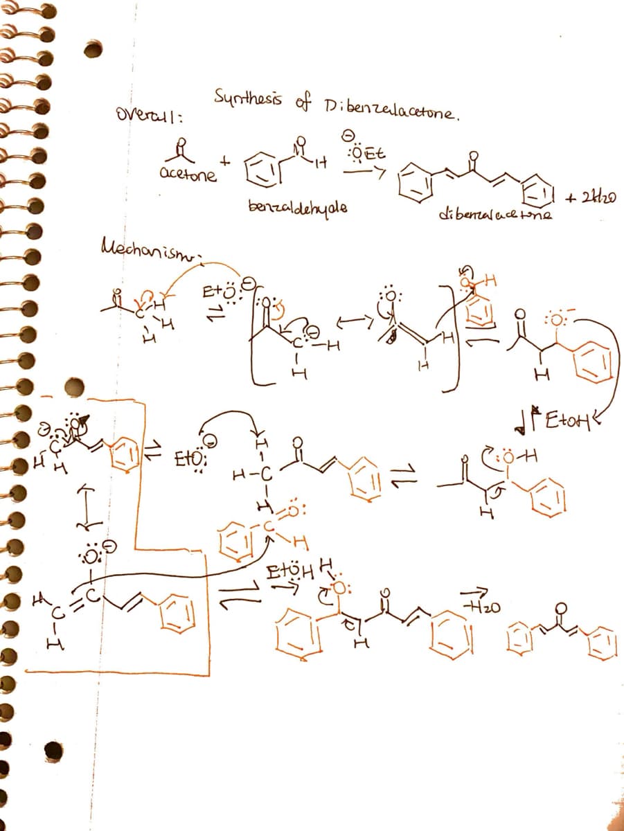 Overall:
R
acetone
Mechanism
be
Synthesis of Dibenzalacetone.
Eto:
+
Etö:
-1
IL
benzaldehyde
-H
Fl
н-с
O
:ÖEt
EtöH H.
2
dibenzal acetone
C:ÖH
-H₂0
+27/20
бретонк