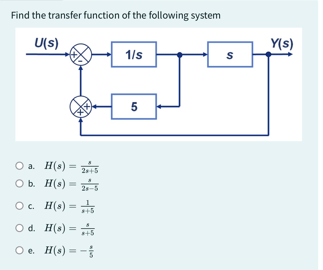Find the transfer function of the following system
U(s)
a.
H(s) =
S
=
2s+5
O b. H(s) =
S
=
2s-5
C.
H(s) =
1
=
s+5
O d. H(s) = 45
○ e.
H(s) =
=
S
1/s
5
Y(s)
S