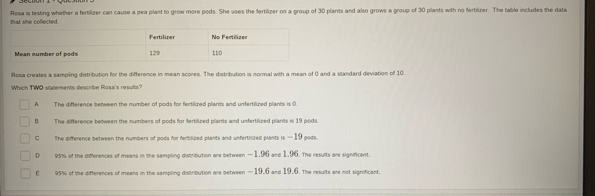 Rosa is testing whether a fertilizer can cause a pea plant to grow more pods. She uses the fertilizer on a group of 30 plants and also grows a group of 30 plants with no fertilizer. The table includes the data.
that she collected.
Mean number of pods
A
B
C
Rosa creates a sampling distribution for the difference in mean scores. The distribution is normal with a mean of 0 and a standard deviation of 10.
Which TWO statements describe Rosa's results?
D
Fertilizer
E
129
No Fertilizer
110
The difference between the number of pods for fertilized plants and unfertilized plants is 0.
The difference between the numbers of pods for fertilized plants and unfertilized plants is 19 pods.
The difference between the numbers of pods for fertilized plants and unfertilized plants is -19 pods.
95% of the differences of means in the sampling distribution are between -1.96 and 1.96. The results are significant.
95% of the differences of means in the sampling distribution are between -19.6 and 19.6. The results are not significant.