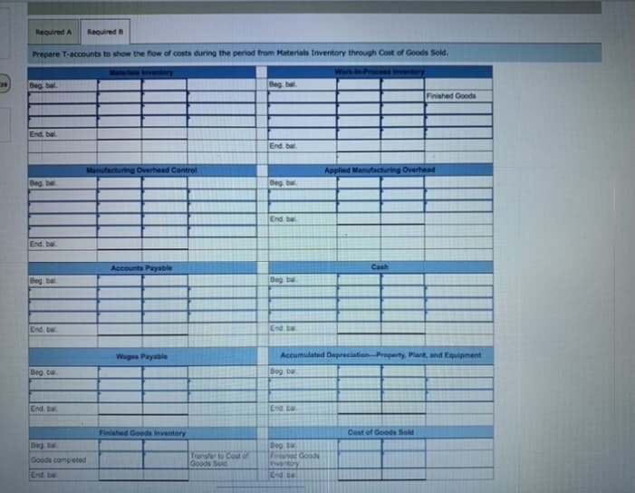 Required A
Required B
Prepare T-accounts to show the flow of costs during the period from Materials Inventory through Cost of Goods Sold.
Work-in-Process inventory
Beg bal
Beg. bal
Finished Goods
End. bal.
End. bal.
Manufacturing Overhead Control
Applied Manufacturing Overhead
Beg ba
Beg ba
End bal
End. bal
Accounts Payable
Cash
Beg. bal
Beg ba
End. bal
End ba
Wages Payable
Accumulated DepreciationProperty, Plant, and Equipment
Beg. ba
Beg ba
End. bal
End ba
Finished Goods Inventory
Cost of Goods Sold
Deg ba
Goods compieted
Deg bo
Friuned Good
Chiventory
End ta
Transfer to Cost of
Goods Sold
End ba
