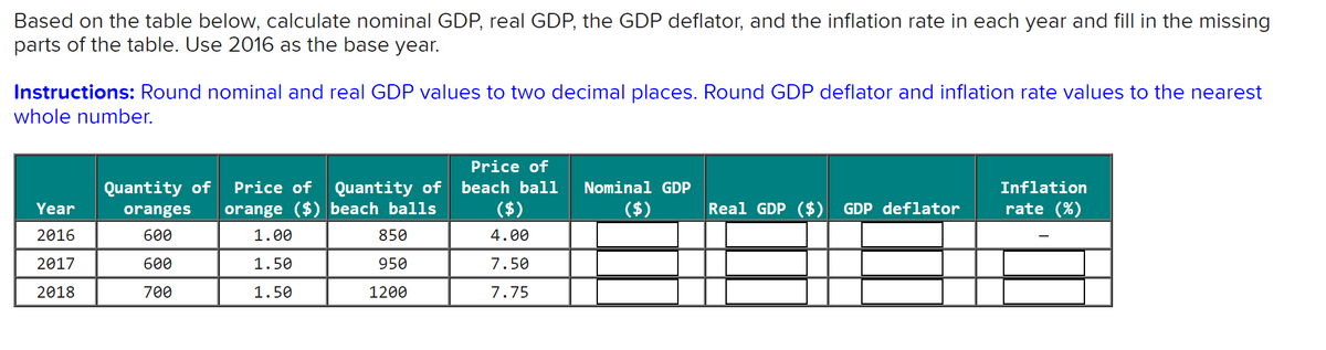 Based on the table below, calculate nominal GDP, real GDP, the GDP deflator, and the inflation rate in each year and fill in the missing
parts of the table. Use 2016 as the base year.
Instructions: Round nominal and real GDP values to two decimal places. Round GDP deflator and inflation rate values to the nearest
whole number.
Year
2016
2017
2018
Quantity of Price of Quantity of
oranges orange ($) beach balls
600
600
700
1.00
1.50
1.50
850
950
1200
Price of
beach ball
($)
4.00
7.50
7.75
Nominal GDP
($)
Real GDP ($) GDP deflator
Inflation
rate (%)
