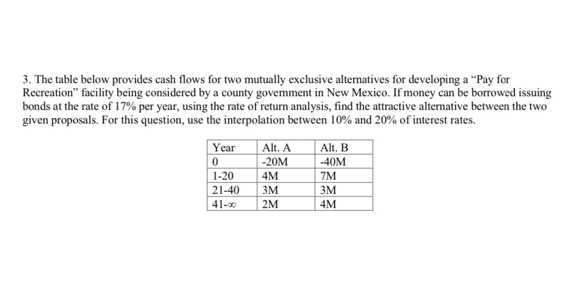 3. The table below provides cash flows for two mutually exclusive alternatives for developing a “Pay for
Recreation" facility being considered by a county government in New Mexico. If money can be borrowed issuing
bonds at the rate of 17% per year, using the rate of return analysis, find the attractive alternative between the two
given proposals. For this question, use the interpolation between 10% and 20% of interest rates.
Year
Alt. A
Alt. B
-20M
-40M
1-20
4M
7M
21-40
3M
3M
41-00
2M
4M
