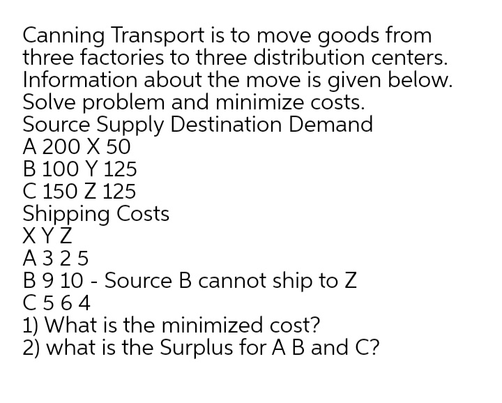 Canning Transport is to move goods from
three factories to three distribution centers.
Information about the move is given below.
Solve problem and minimize costs.
Source Supply Destination Demand
А 200 Х 50
Β 100 Y 125
C 150 Z 125
Shipping Costs
XYZ
A 325
B 9 10 - Source B cannot ship to Z
C564
1) What is the minimized cost?
2) what is the Surplus for A B and C?
