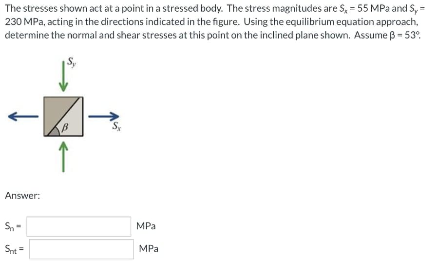 The stresses shown act at a point in a stressed body. The stress magnitudes are Sx = 55 MPa and Sy =
230 MPa, acting in the directions indicated in the figure. Using the equilibrium equation approach,
determine the normal and shear stresses at this point on the inclined plane shown. Assume B = 53°.
Sy
Sx
Answer:
MPa
Sn =
%3D
MPа
Snt =
