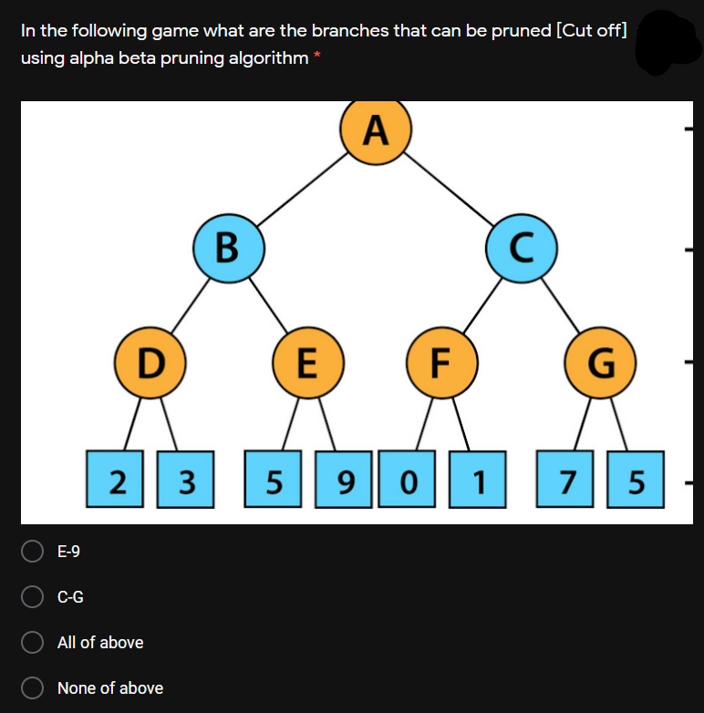 In the following game what are the branches that can be pruned [Cut off]
using alpha beta pruning algorithm *
A)
В
D
F
2
3
0 || 1
7
5
E-9
C-G
All of above
None of above
