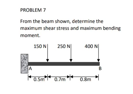 PROBLEM 7
From the beam shown, determine the
maximum shear stress and maximum bending
moment.
150 N|
250 N|
400 N|
F0.5m 0.7m * 0.8m
